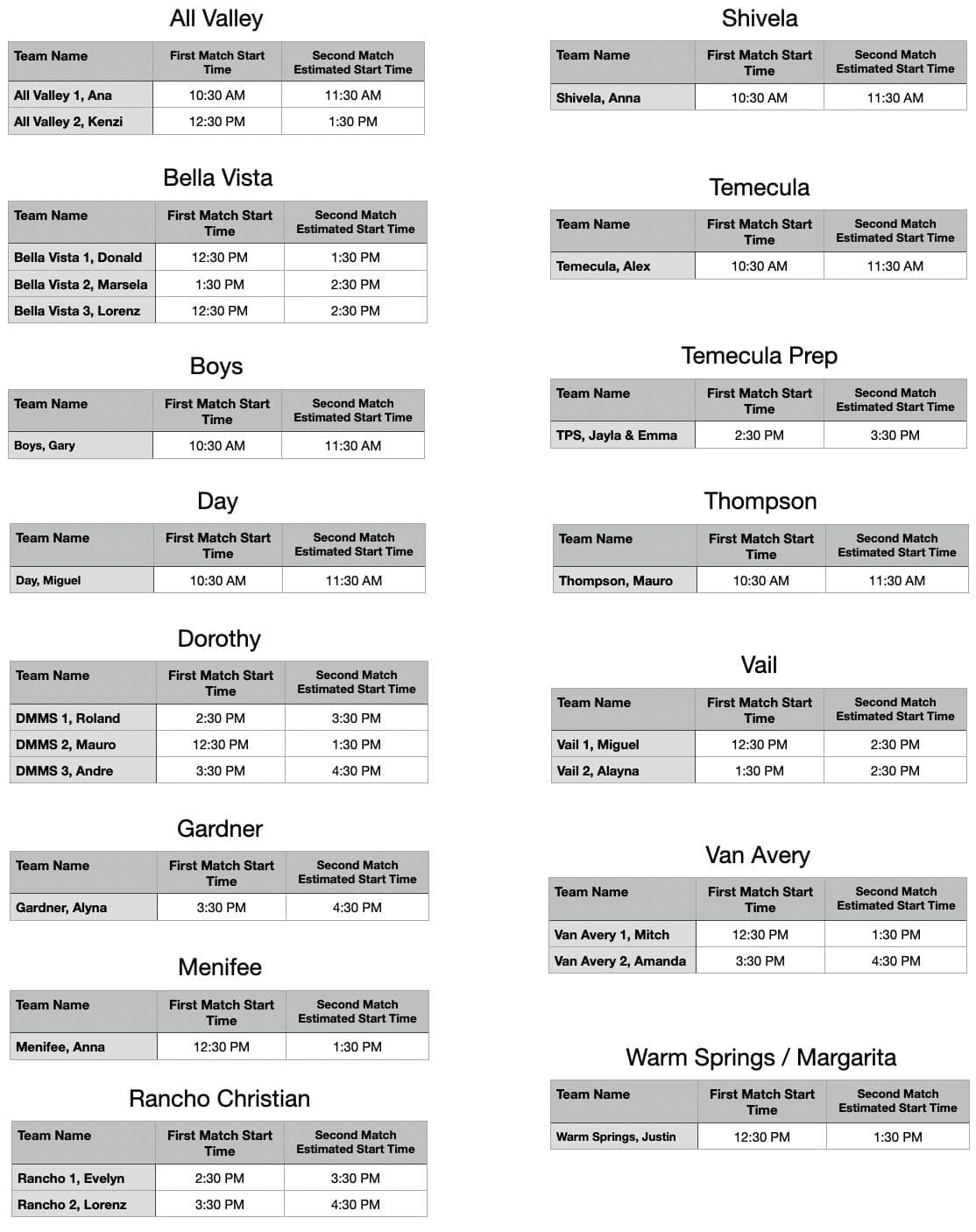 Game Schedule